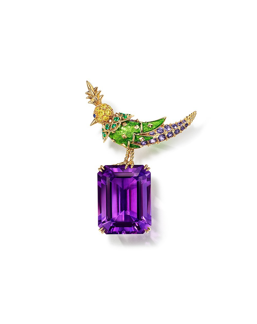 Tiffany & Co. 蒂芙尼Schlumberger高级珠宝系列Rainbow Bird  a Rock “石上鸟”胸针，18K黄金镶嵌紫水晶，绿色珐琅，黄钻，祖母绿，紫色蓝宝石及蓝宝石.jpg