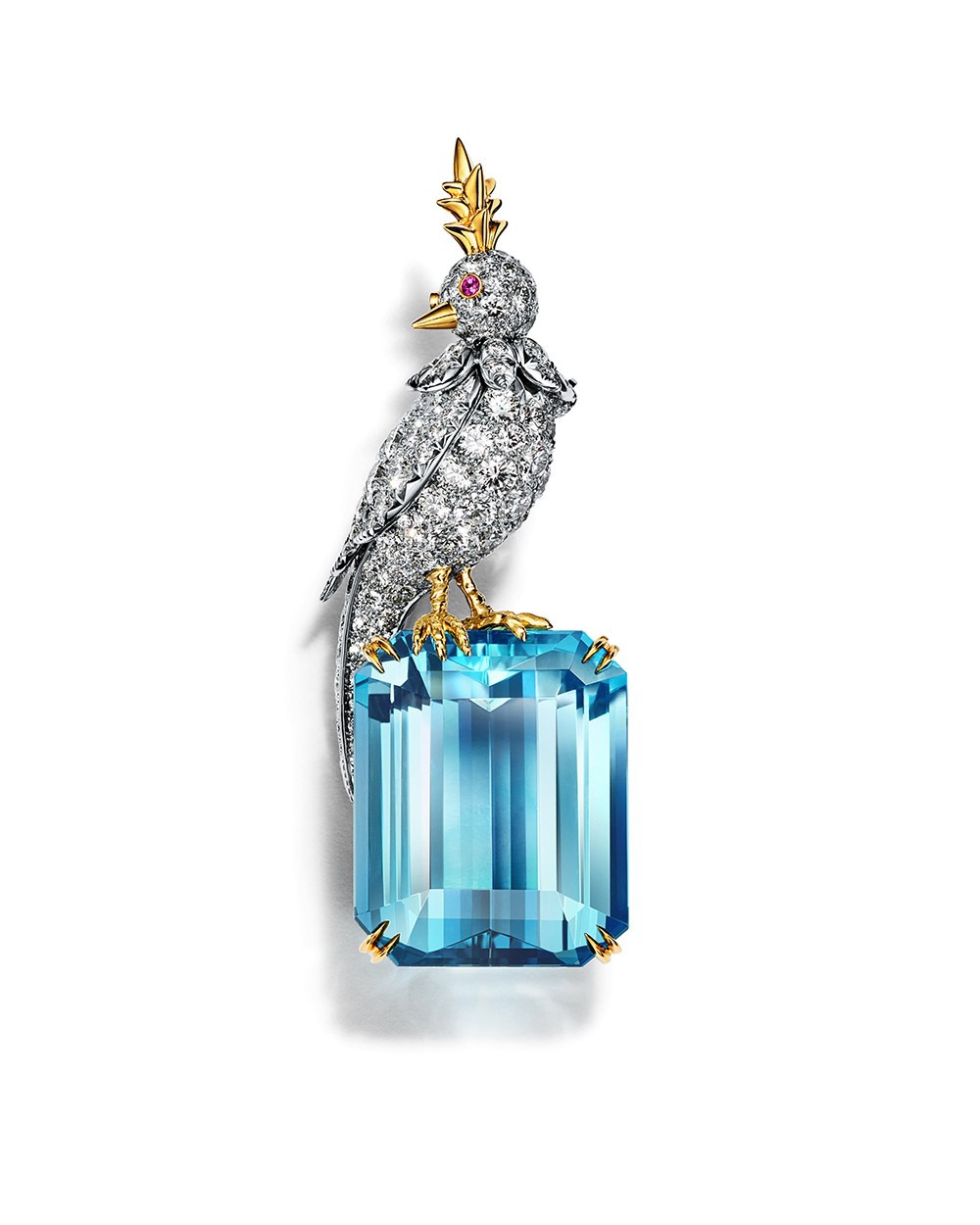 Tiffany & Co. 蒂芙尼Schlumberger高级珠宝系列铂金及18K黄金镶嵌海蓝宝石，钻石及粉色蓝宝石“石上鸟”胸针.jpg